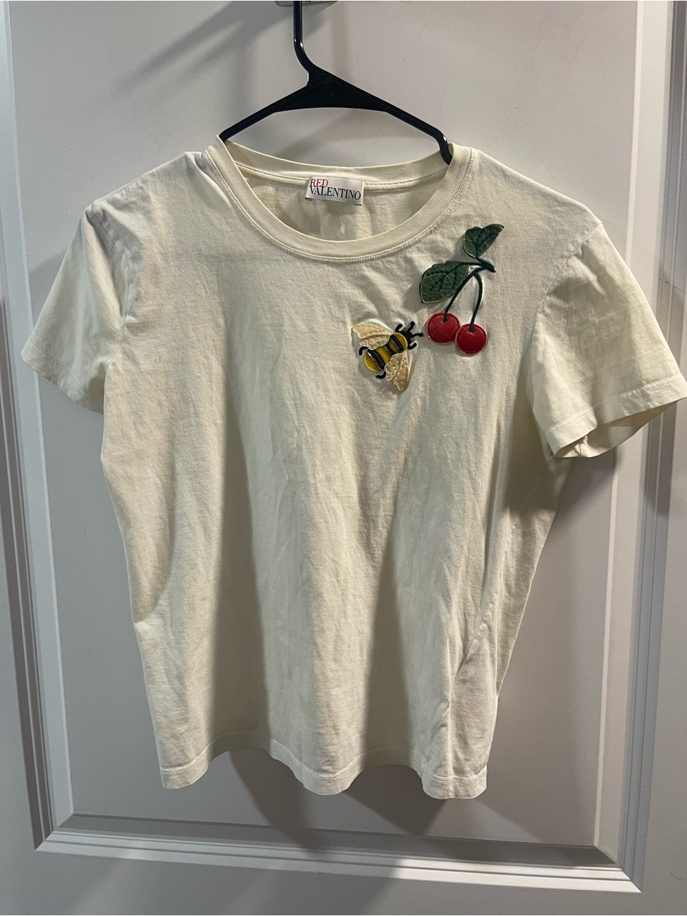 RED Valentino Cream Tee with Bee & Cherry Appliqués Have Spots